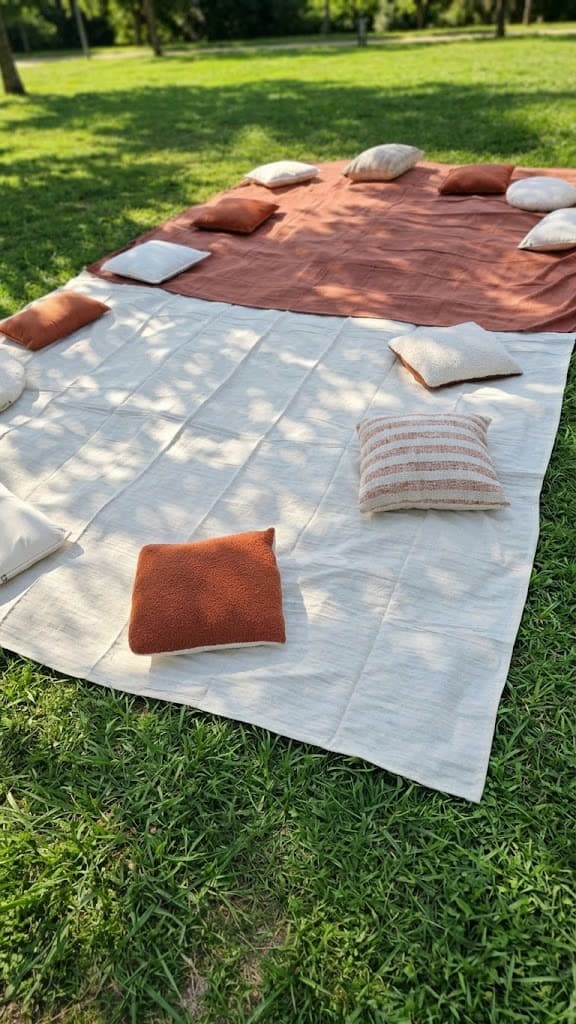 Mantas e almofadas Cravinho para piquenique num jardim